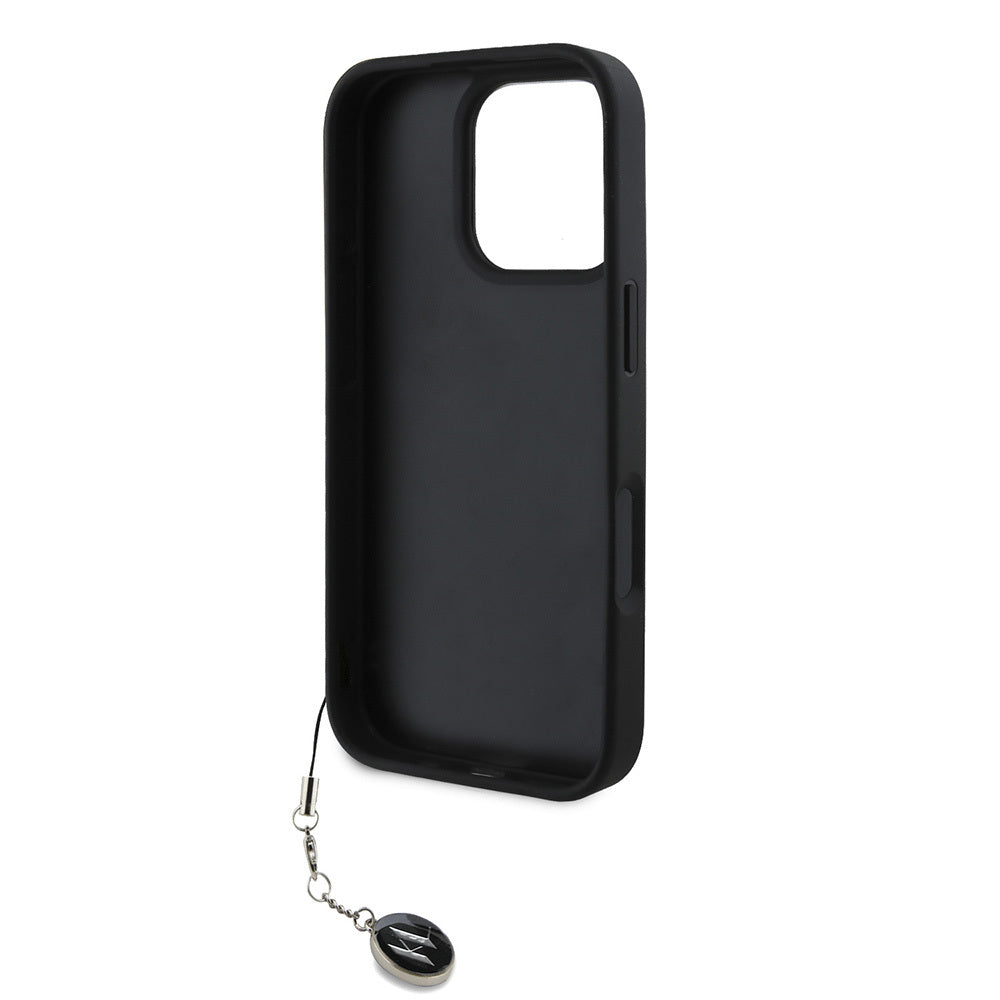 Apple iPhone 16 Pro Case Karl Lagerfeld Original Licensed Keychain Stoned KL Written Saffiano Rhinestones Cover Black