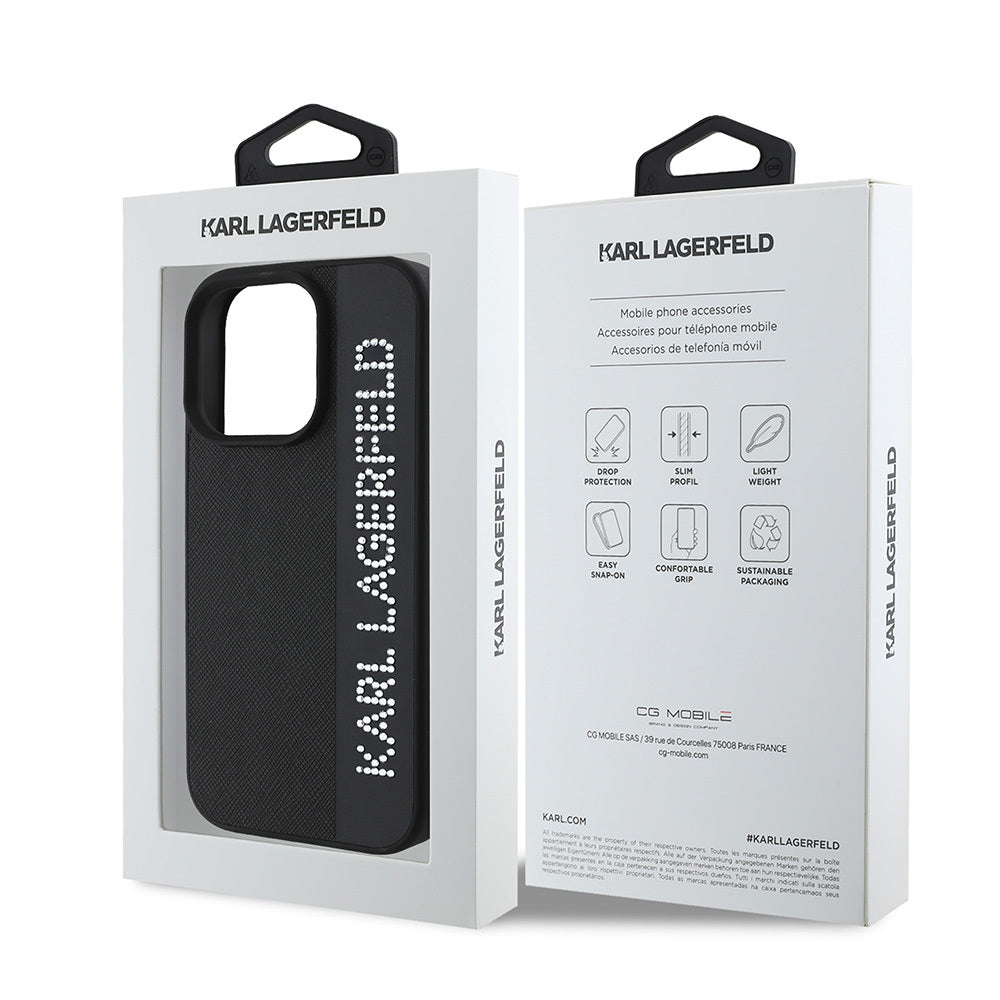 Apple iPhone 16 Pro Case Karl Lagerfeld Original Licensed Keychain Stoned KL Written Saffiano Rhinestones Cover Black