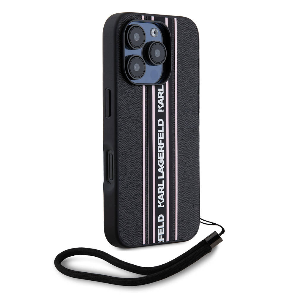 Apple iPhone 16 Pro Case Karl Lagerfeld Original Licensed Strap Saffiano Athleisure Stripe Cover Black-Pink