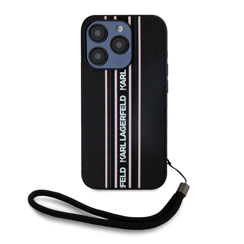 Apple iPhone 16 Pro Case Karl Lagerfeld Original Licensed Strap Saffiano Athleisure Stripe Cover Black-Pink