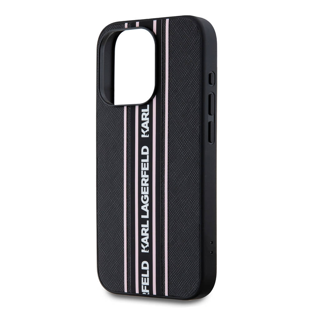 Apple iPhone 16 Pro Case Karl Lagerfeld Original Licensed Strap Saffiano Athleisure Stripe Cover Black-Pink
