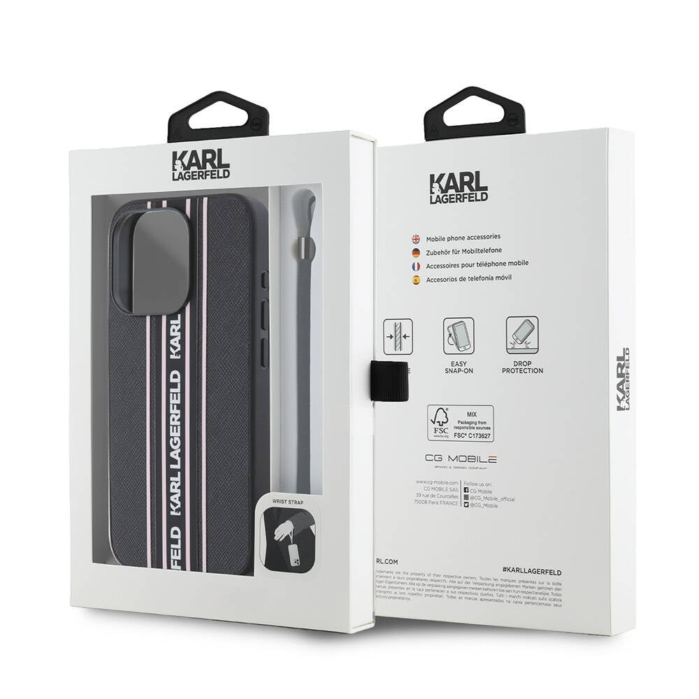 Apple iPhone 16 Pro Case Karl Lagerfeld Original Licensed Strap Saffiano Athleisure Stripe Cover Black-Pink