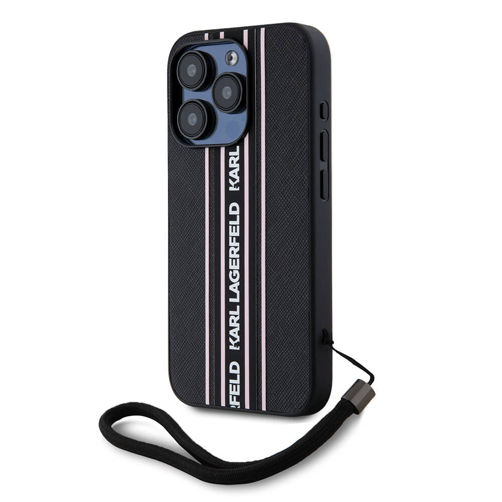 Apple iPhone 16 Pro Case Karl Lagerfeld Original Licensed Strap Saffiano Athleisure Stripe Cover Black-Pink
