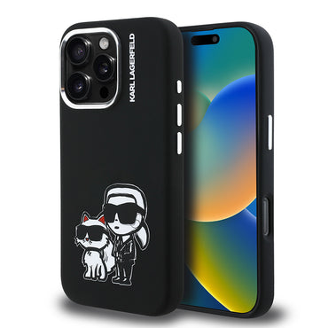 Apple iPhone 16 Pro Kılıf Karl Lagerfeld Orjinal Lisanslı Karl & Choupette Sketch Logo Sililkon Kapak Siyah