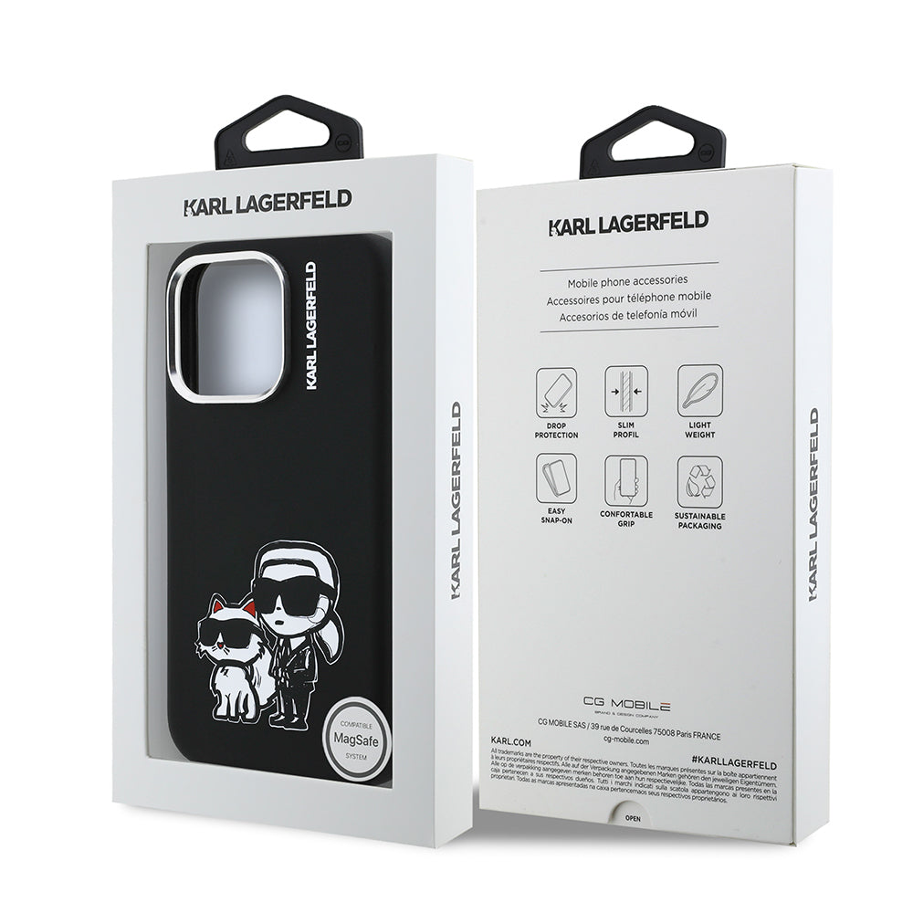 Apple iPhone 16 Pro Case Karl Lagerfeld Original Licensed Karl & Choupette Sketch Logo Silicone Cover Black
