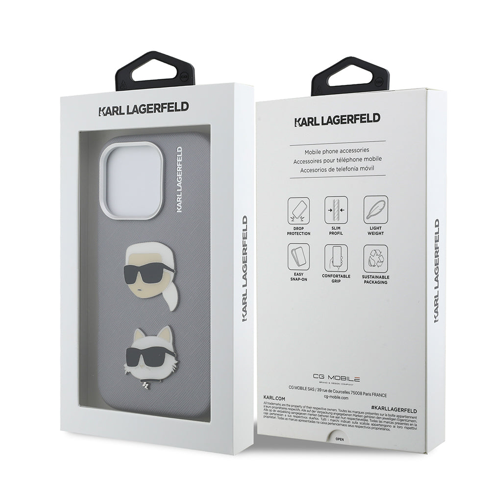 Apple iPhone 16 Pro Kılıf Karl Lagerfeld Orjinal Lisanslı K&C Heads Pin Kapak Gri
