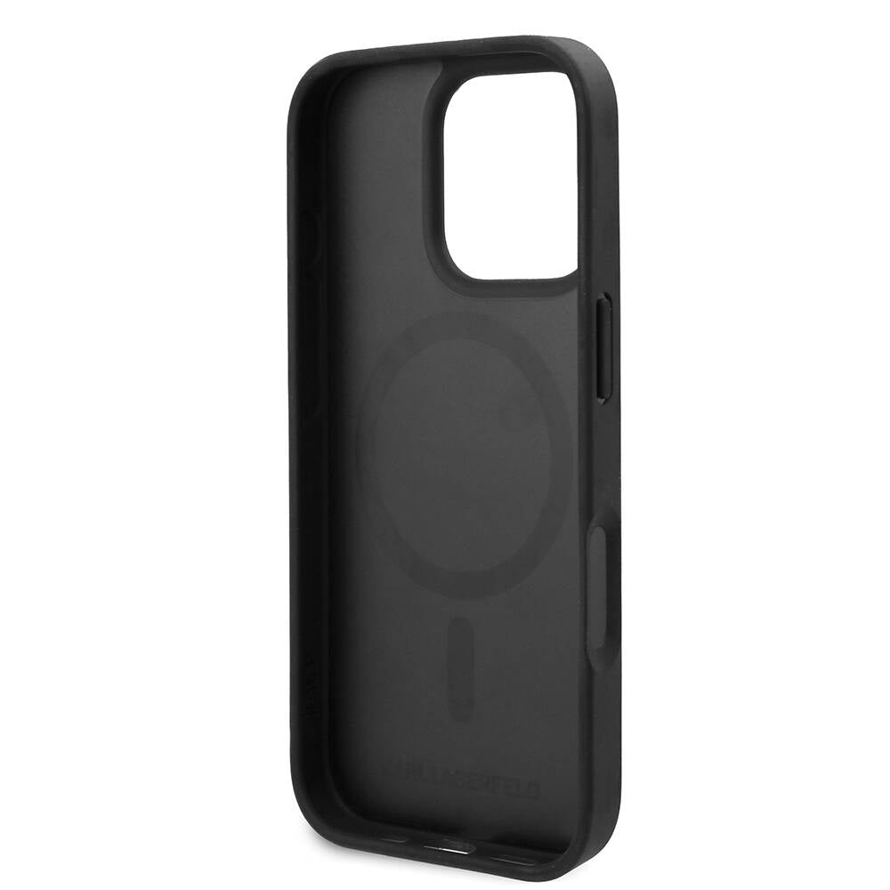 Apple iPhone 16 Pro Case Karl Lagerfeld Original Licensed M-Safe Charging Feature KL Printed Hot Stamp Cover Black