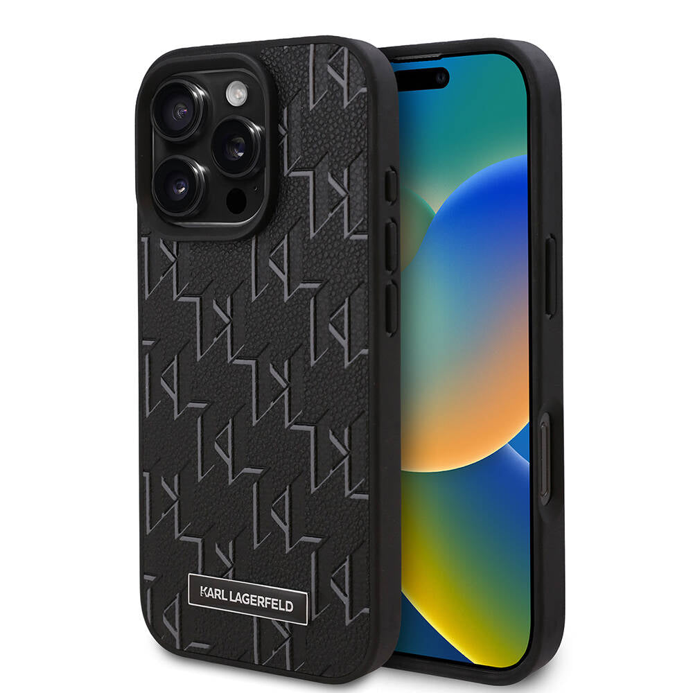 Apple iPhone 16 Pro Case Karl Lagerfeld Original Licensed M-Safe Charging Feature KL Printed Hot Stamp Cover Black