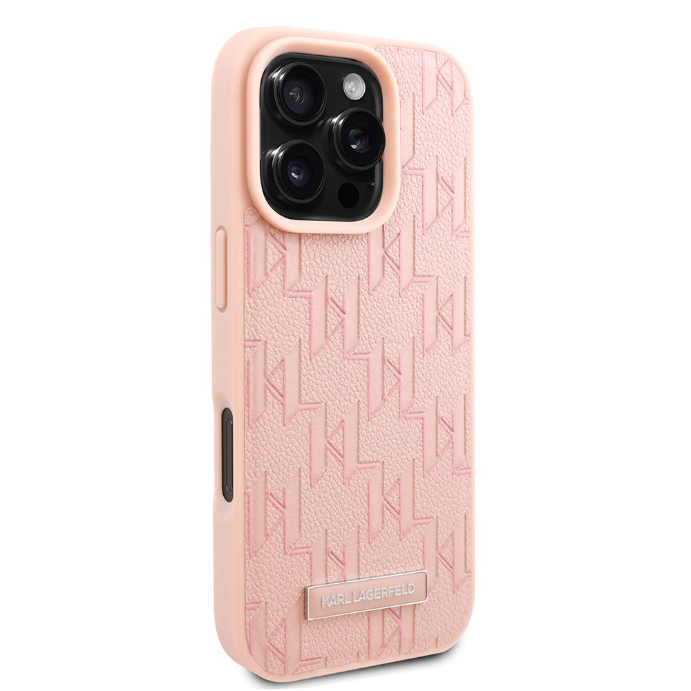Apple iPhone 16 Pro Case Karl Lagerfeld Original Licensed M-Safe Charging Feature KL Printed Hot Stamp Cover Pink