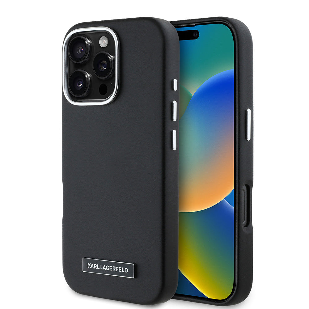Apple iPhone 16 Pro Case Karl Lagerfeld Original Licensed M-Safe Charging Feature Metal Camera and Button Design Plate Logo PU Leather Cover Black