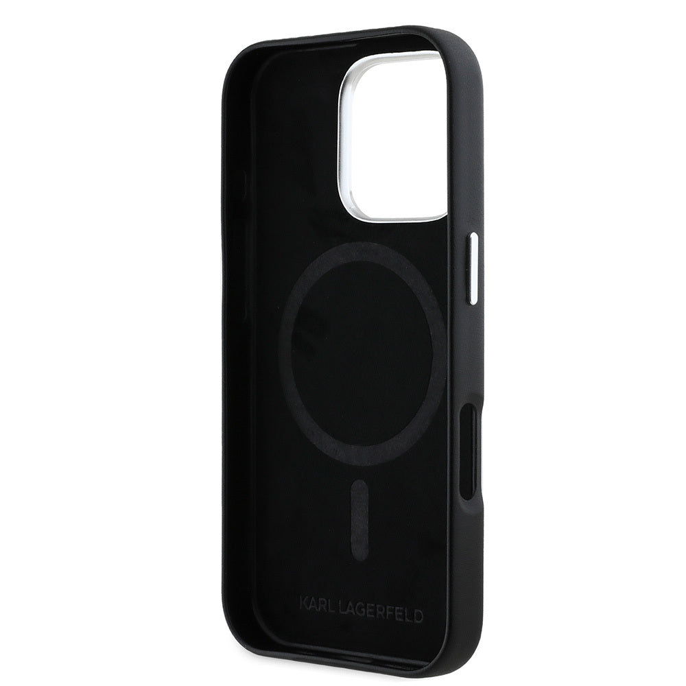 Apple iPhone 16 Pro Case Karl Lagerfeld Original Licensed M-Safe Charging Feature Metal Camera and Button Design Plate Logo PU Leather Cover Black