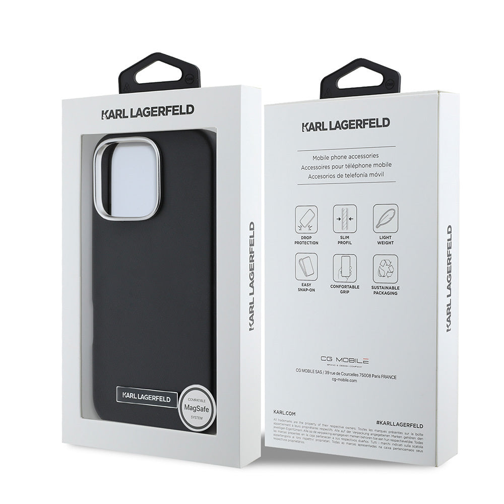 Apple iPhone 16 Pro Case Karl Lagerfeld Original Licensed M-Safe Charging Feature Metal Camera and Button Design Plate Logo PU Leather Cover Black
