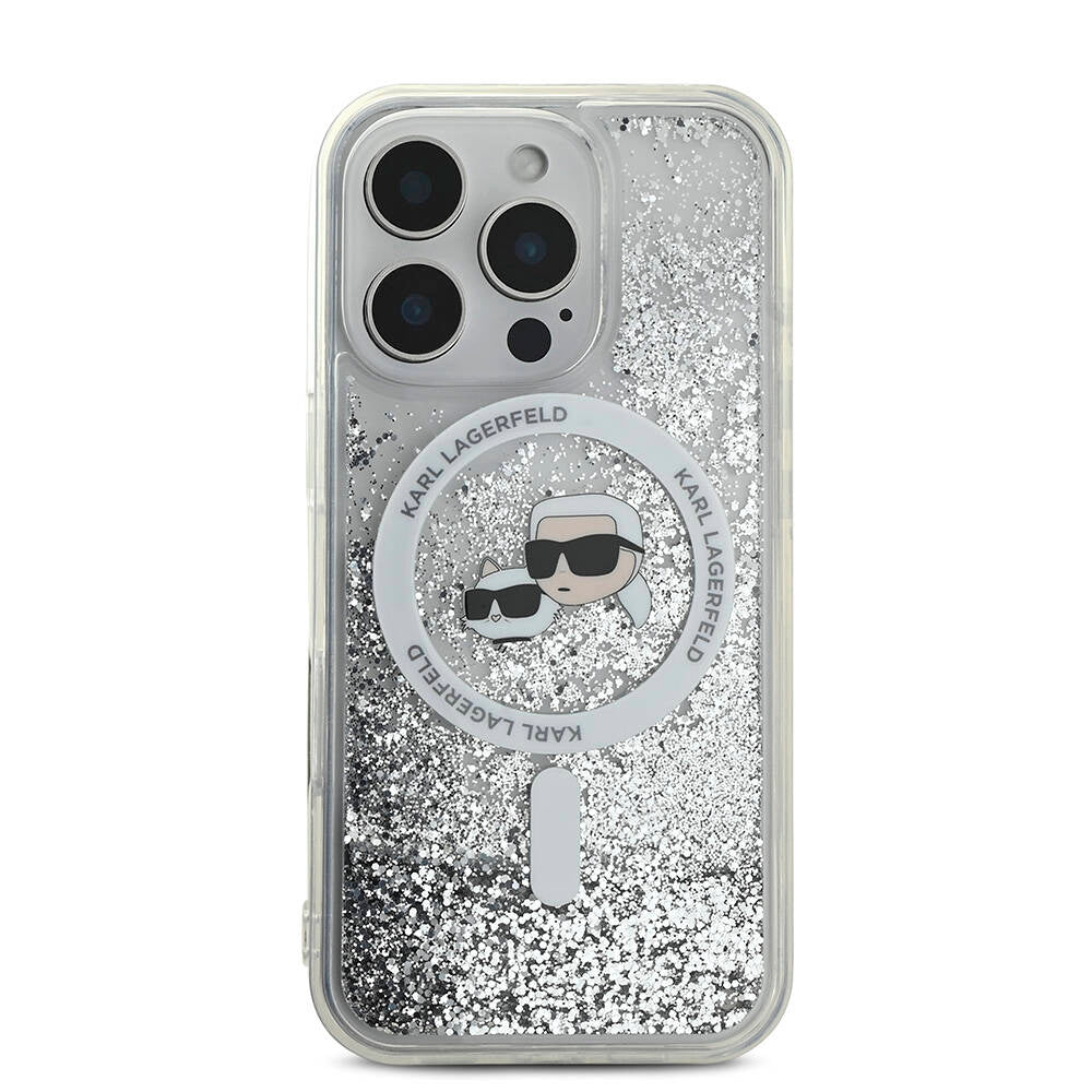 Apple iPhone 16 Pro Case Karl Lagerfeld Original Licensed M-safe Charging Feature Liquid Glitter KC Heads Transparent Cover