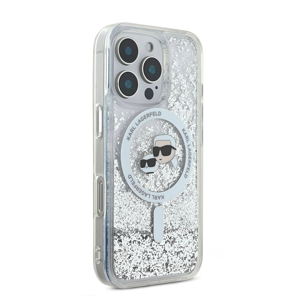 Apple iPhone 16 Pro Case Karl Lagerfeld Original Licensed M-safe Charging Feature Liquid Glitter KC Heads Transparent Cover