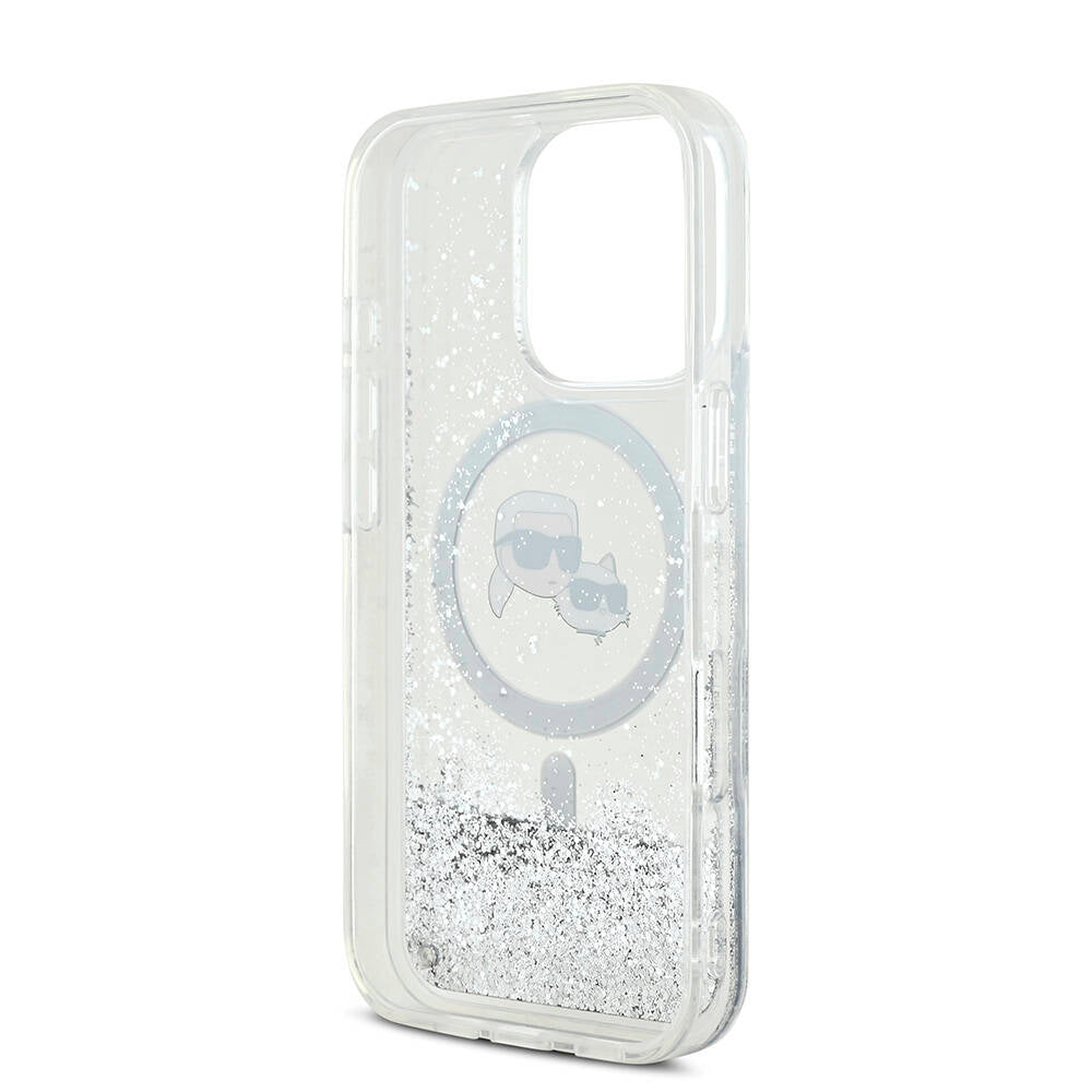 Apple iPhone 16 Pro Case Karl Lagerfeld Original Licensed M-safe Charging Feature Liquid Glitter KC Heads Transparent Cover