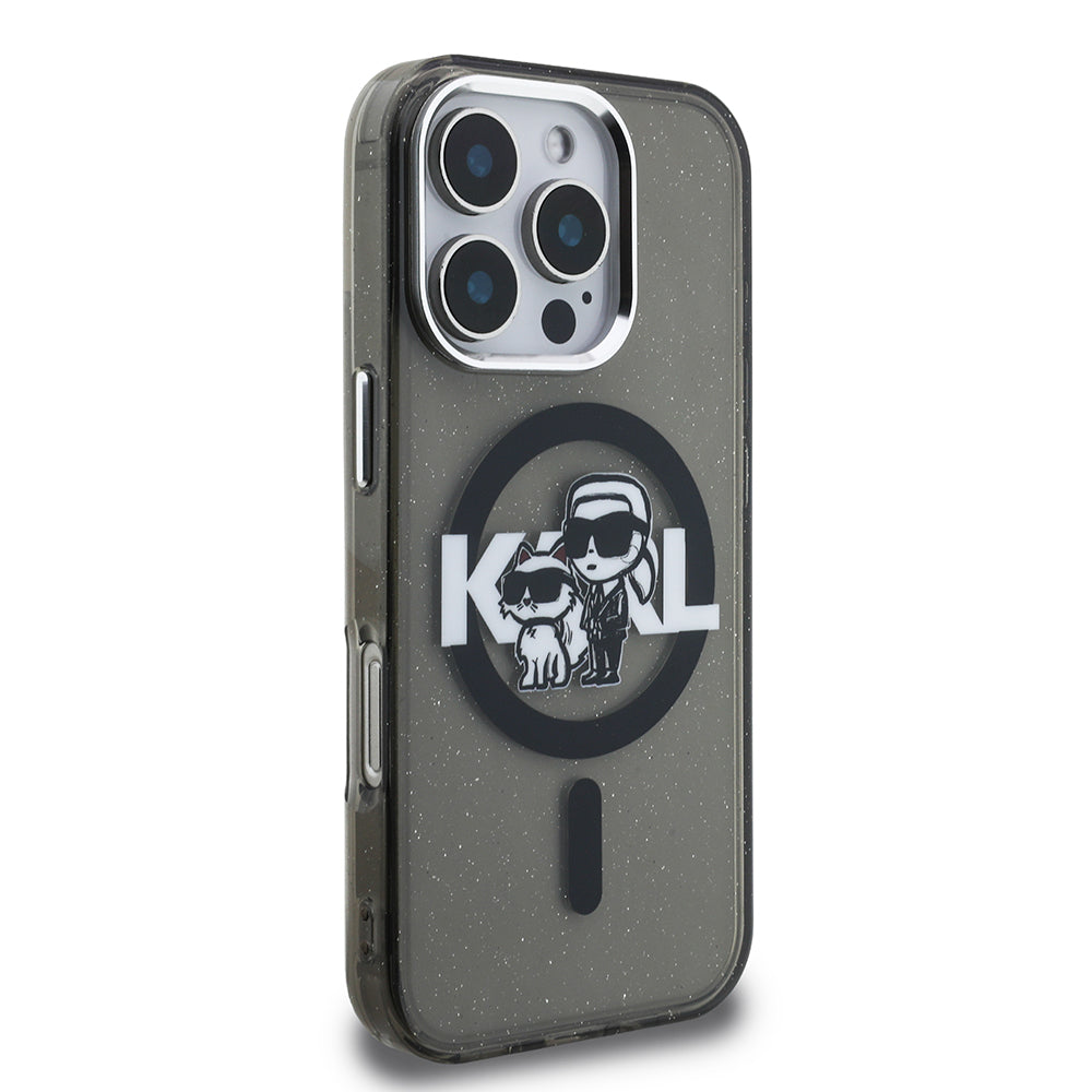Apple iPhone 16 Pro Case Karl Lagerfeld Original Licensed Shining Glitter Karl & Choupette Sketch Logo Cover Black