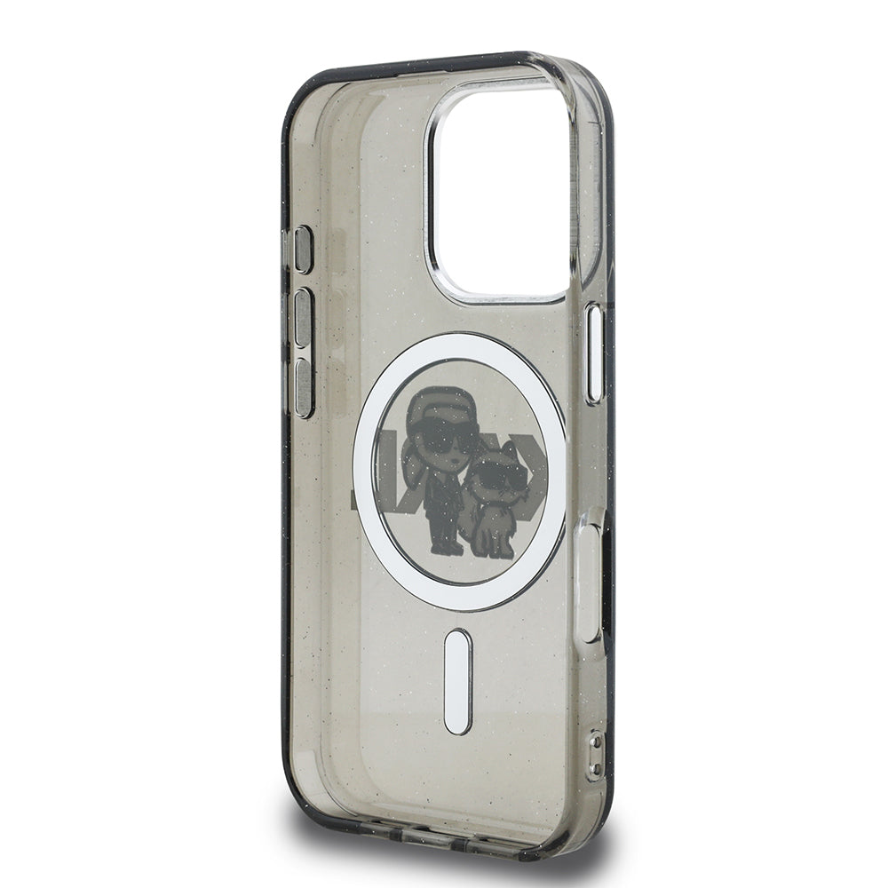 Apple iPhone 16 Pro Kılıf Karl Lagerfeld Orjinal Lisanslı Parlayan Simli Karl & Choupette Sketch Logo Kapak Siyah