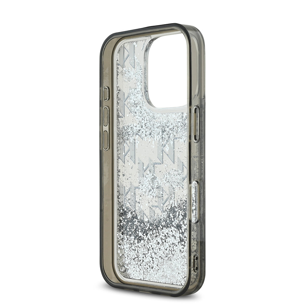Apple iPhone 16 Pro Case Karl Lagerfeld Original Licensed Glittery KL Written Monogram Gradient Cover Black
