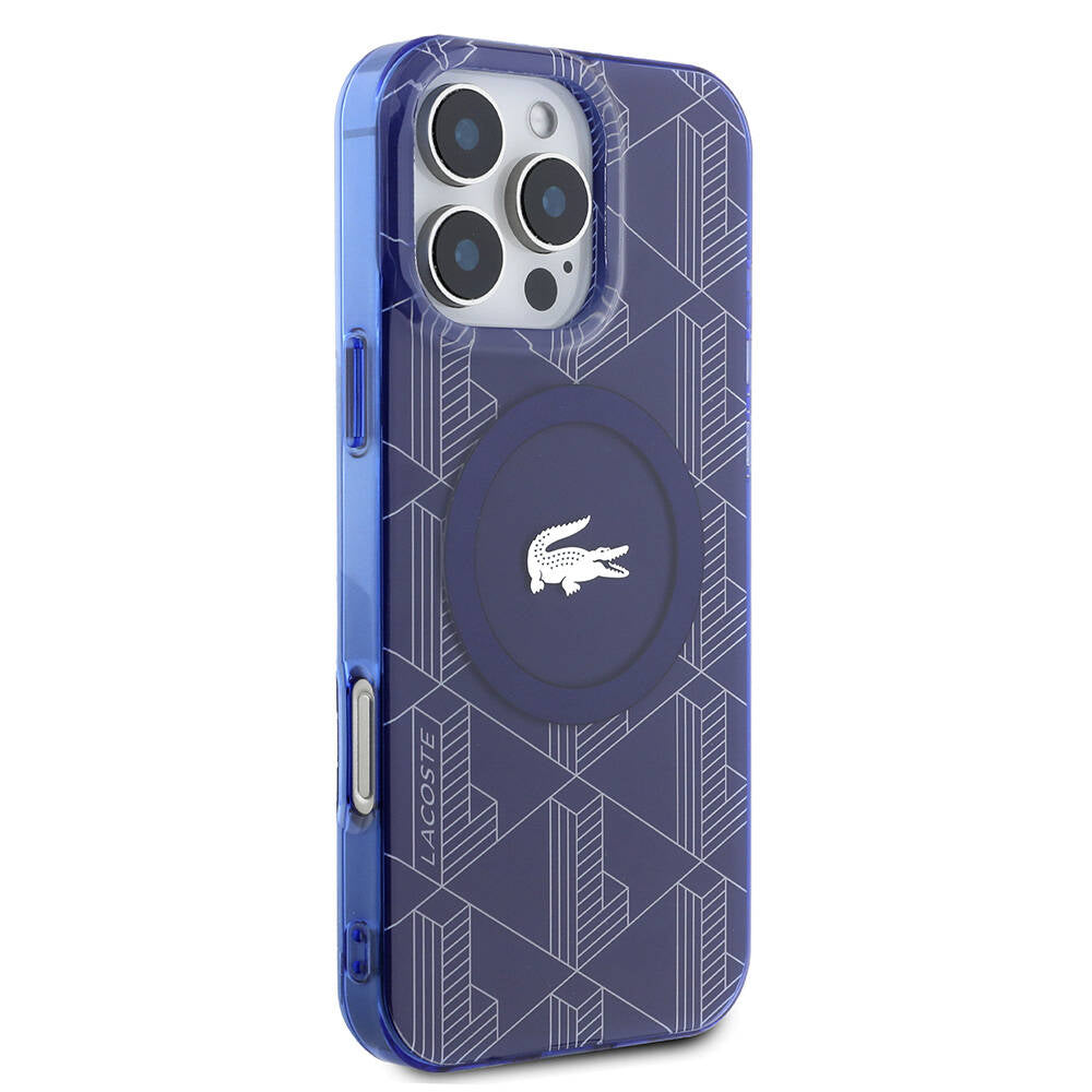 Apple iPhone 16 Pro Case Lacoste Original Licensed M-Safe Charging Feature IML Printed Silver Crocodile Logo Monogram Cover Navy Blue