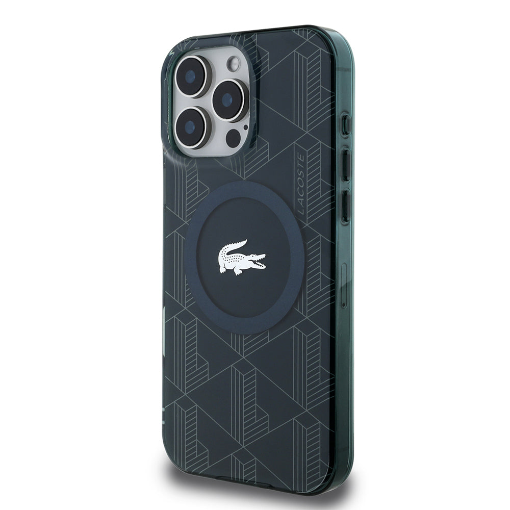 Apple iPhone 16 Pro Case Lacoste Original Licensed M-Safe Charging Feature IML Printed Silver Crocodile Logo Monogram Cover Green