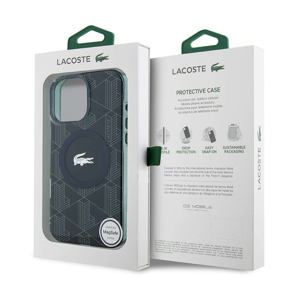 Apple iPhone 16 Pro Case Lacoste Original Licensed M-Safe Charging Feature IML Printed Silver Crocodile Logo Monogram Cover Green