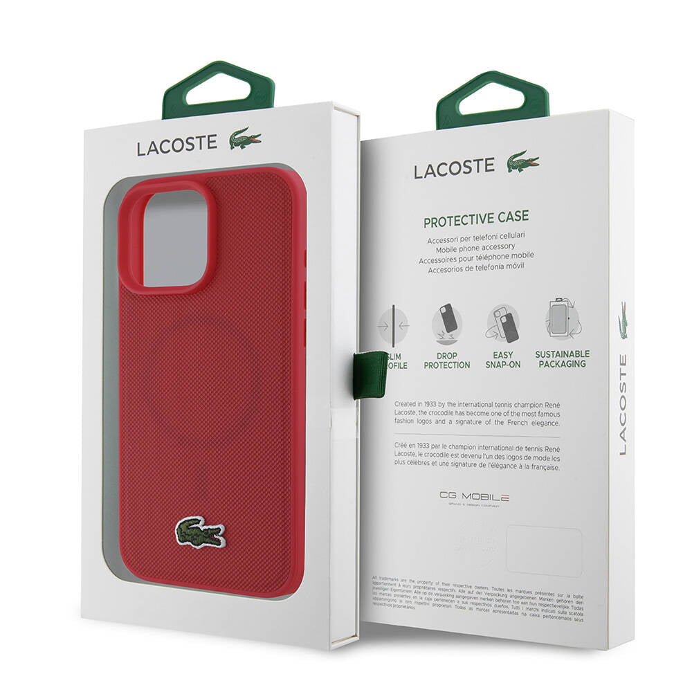 Apple iPhone 16 Pro Case Lacoste Original Licensed PU Pique Patterned Back Surface Iconic Crocodile Woven Logo Cover Navy Blue