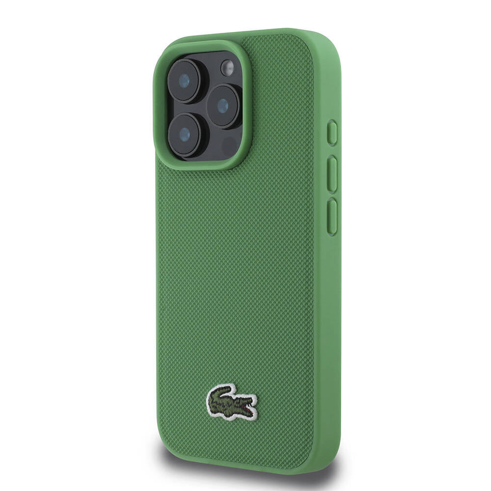 Apple iPhone 16 Pro Case Lacoste Original Licensed PU Pique Patterned Back Surface Iconic Crocodile Woven Logo Cover Dark Green