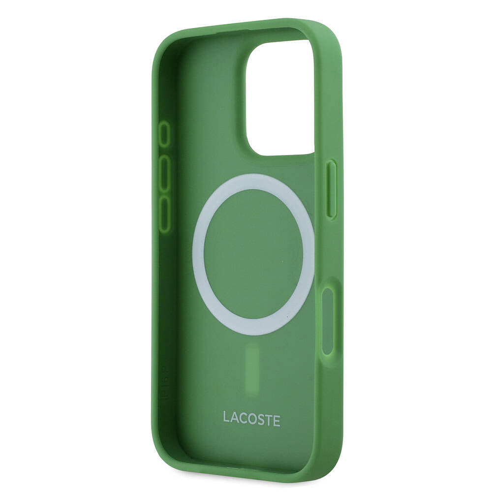 Apple iPhone 16 Pro Case Lacoste Original Licensed PU Pique Patterned Back Surface Iconic Crocodile Woven Logo Cover Dark Green