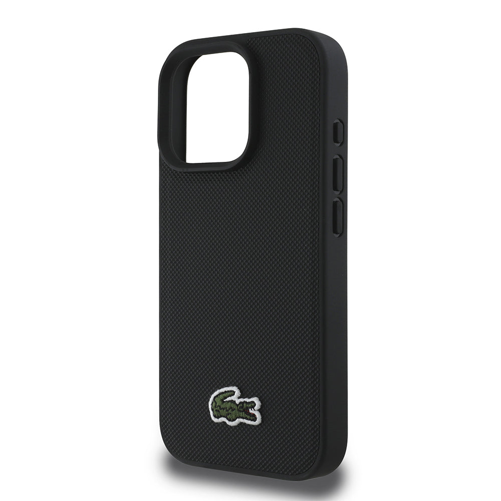 Apple iPhone 16 Pro Case Lacoste Original Licensed PU Pique Patterned Back Surface Iconic Crocodile Woven Logo Cover + Type-C Cable 1.5m Black
