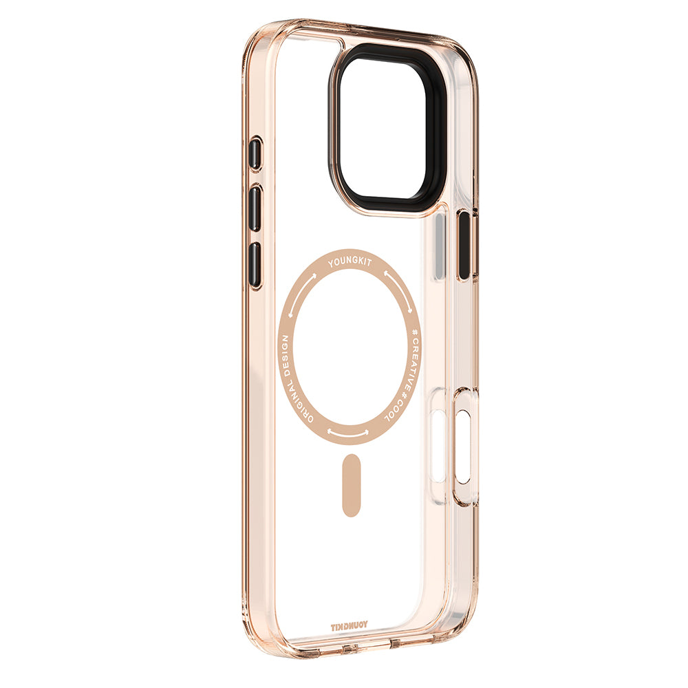 Apple iPhone 16 Pro Kılıf M-safe Şarj Özellikli Cam Arka Yüzey TPU Youngkit Gemstone Clear Serisi Kapak Gold