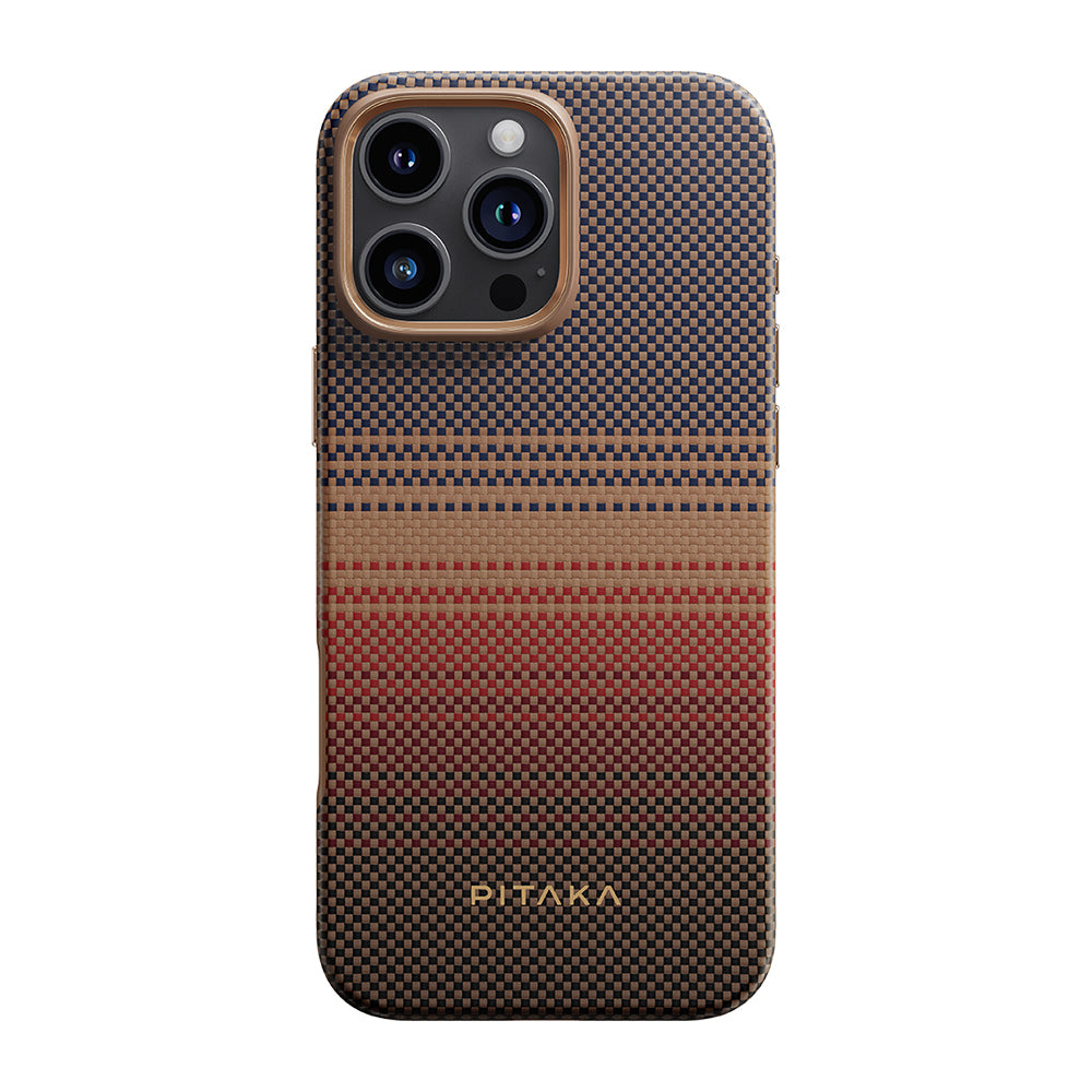 Apple iPhone 16 Pro Kılıf M-safe Şarj Özellikli Aramid Fiber Pitaka Military-Grade Sunset-Moonrise Serisi Sunset Kapak Kahverengi