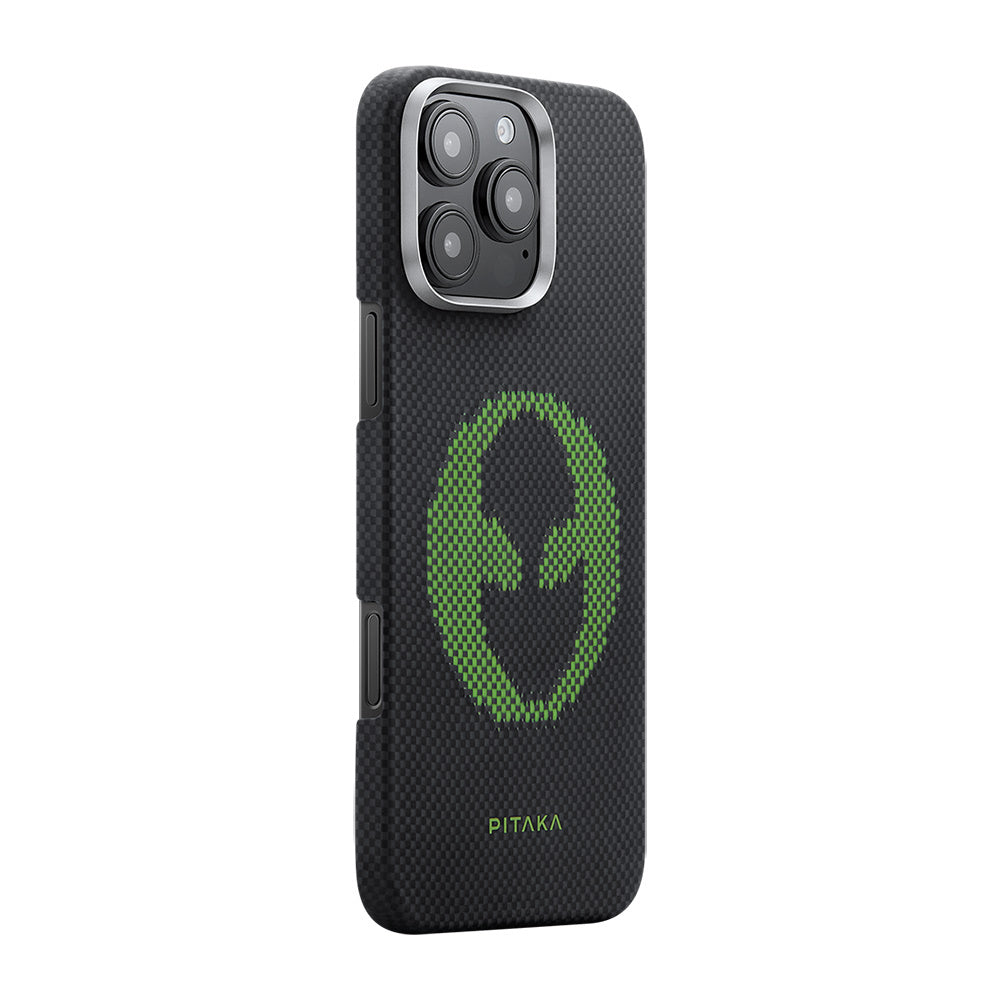 Apple iPhone 16 Pro Kılıf M-safe Şarj Özellikli Lumintex Teknolojili Fosforlu Aramid Fiber Pitaka Tactile Woven Aries Serisi Alien Kapak Siyah