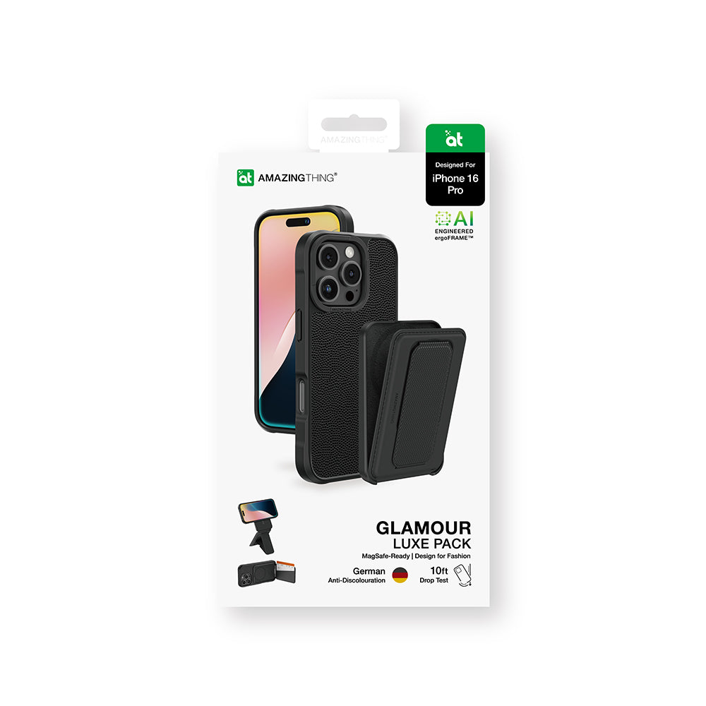 Apple iPhone 16 Pro Case M-safe Charging Stand Card Holder Set Amazingthing Glamour Luxe Series Cover Black
