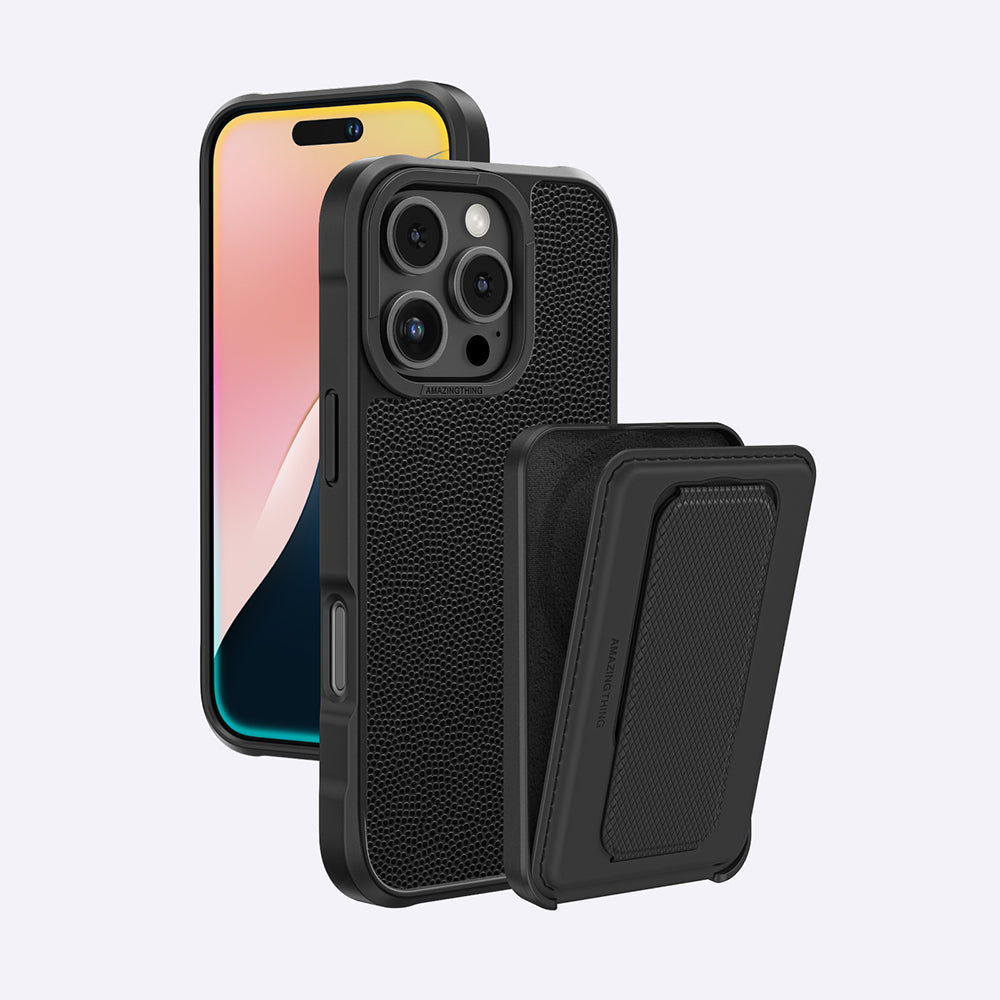 Apple iPhone 16 Pro Case M-safe Charging Stand Card Holder Set Amazingthing Glamour Luxe Series Cover Black