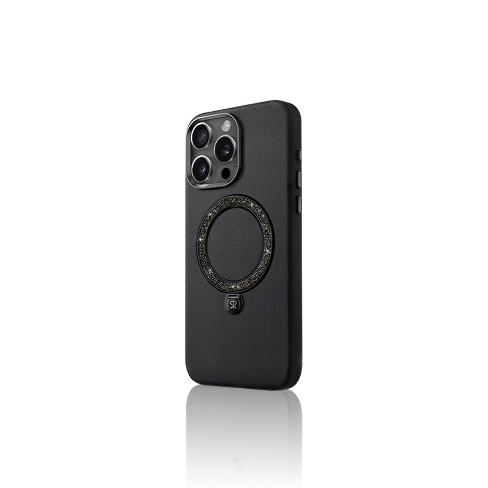 Apple iPhone 16 Pro Case with M-safe Charging Feature and Stand, Faux Leather Design, Pynana Dancing Circle Series Cover, Black