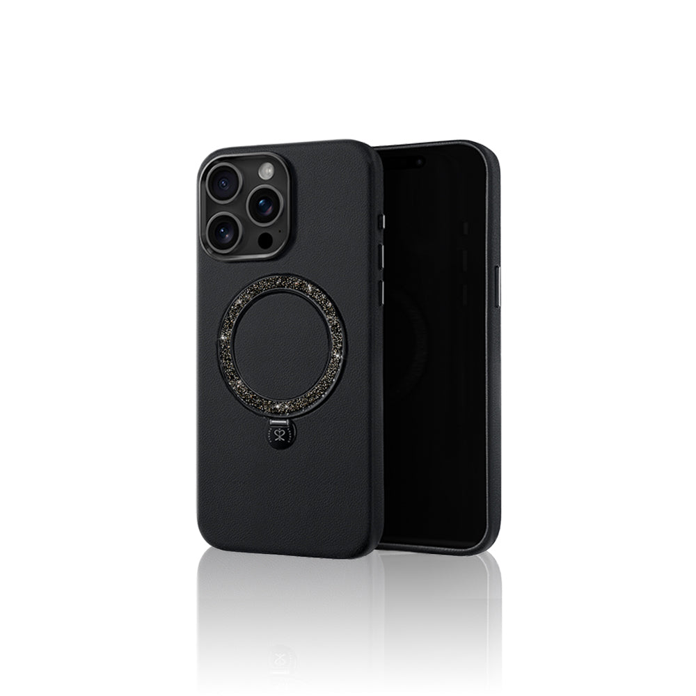 Apple iPhone 16 Pro Case with M-safe Charging Feature and Stand, Faux Leather Design, Pynana Dancing Circle Series Cover, Black