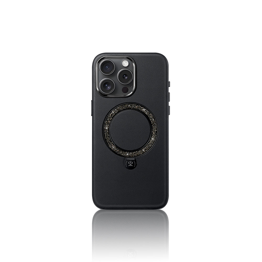 Apple iPhone 16 Pro Case with M-safe Charging Feature and Stand, Faux Leather Design, Pynana Dancing Circle Series Cover, Black