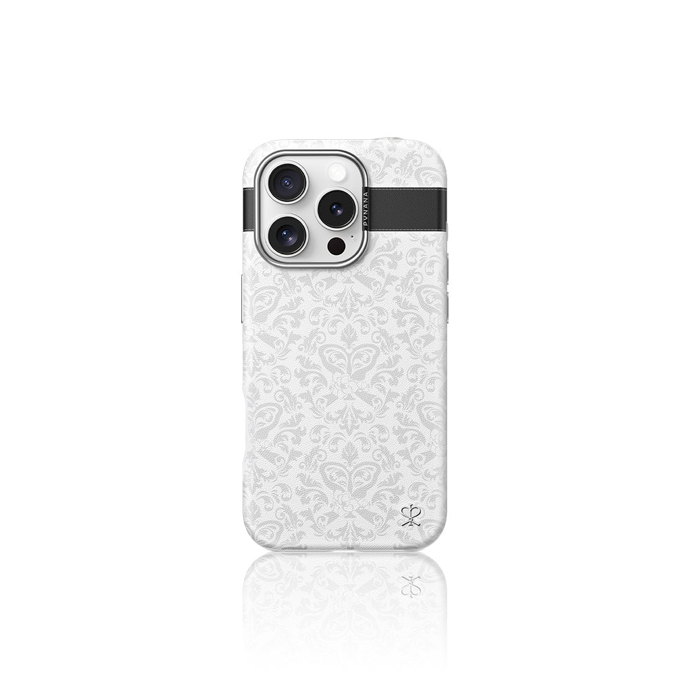 Apple iPhone 16 Pro Case M-safe Charging Feature Faux Leather Design Patterned Pynana Print Series Cover White