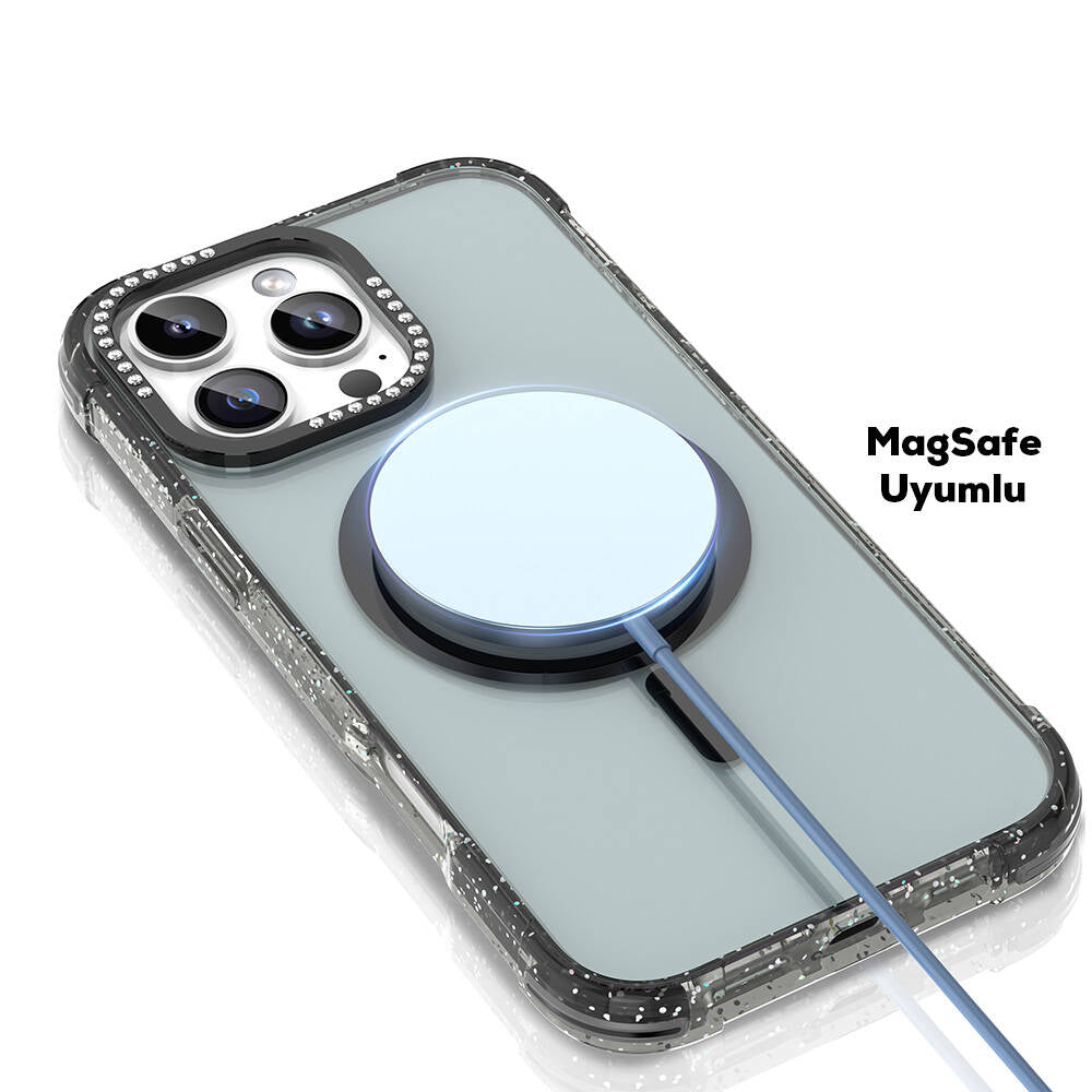 Apple iPhone 16 Pro Kılıf M-safe Şarj Özellikli Taşlı ve Simli Tasarım Mutural Blink Kapak Pembe