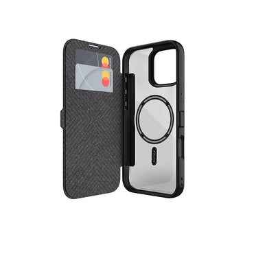 Apple iPhone 16 Pro Case with M-safe Charging, Vegan Leather Design, Transparent Back Surface, Card Holder, Raptic Urban Folio Series Cover, Black