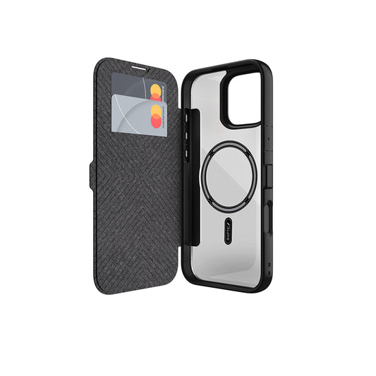 Apple iPhone 16 Pro Kılıf M-safe Şarj Özellikli Vegan Deri Tasarımlı Şeffaf Arka Yüzey Kartlıklı Raptic Urban Folio Serisi Kapak