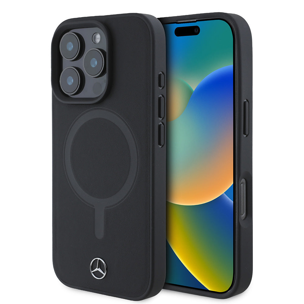Apple iPhone 16 Pro Case Mercedes Benz M-safe Charging Feature Soft Leather Original Licensed Cover Black