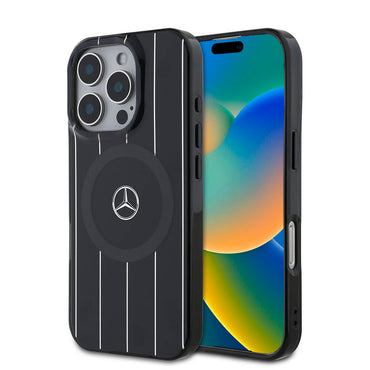 Apple iPhone 16 Pro Kılıf Mercedes Benz Orjinal Lisanslı M-safe Şarj Özellikli Çift Katmanlı Paralel Çizgi Desenli Kapak Siyah