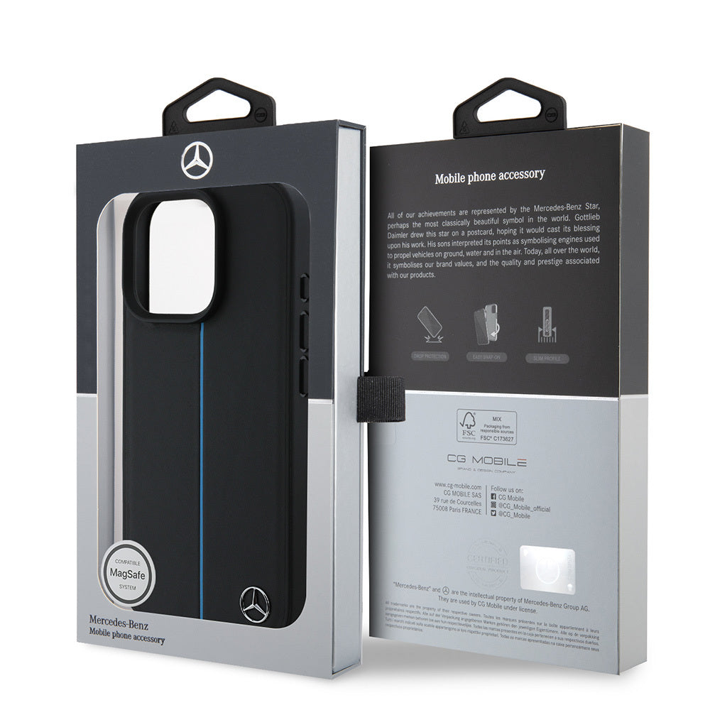 Apple iPhone 16 Pro Kılıf Mercedes Benz Orjinal Lisanslı M-safe Şarj Özellikli Metal Yıldız Logolu Mavi Çizgili Deri Kapak Siyah