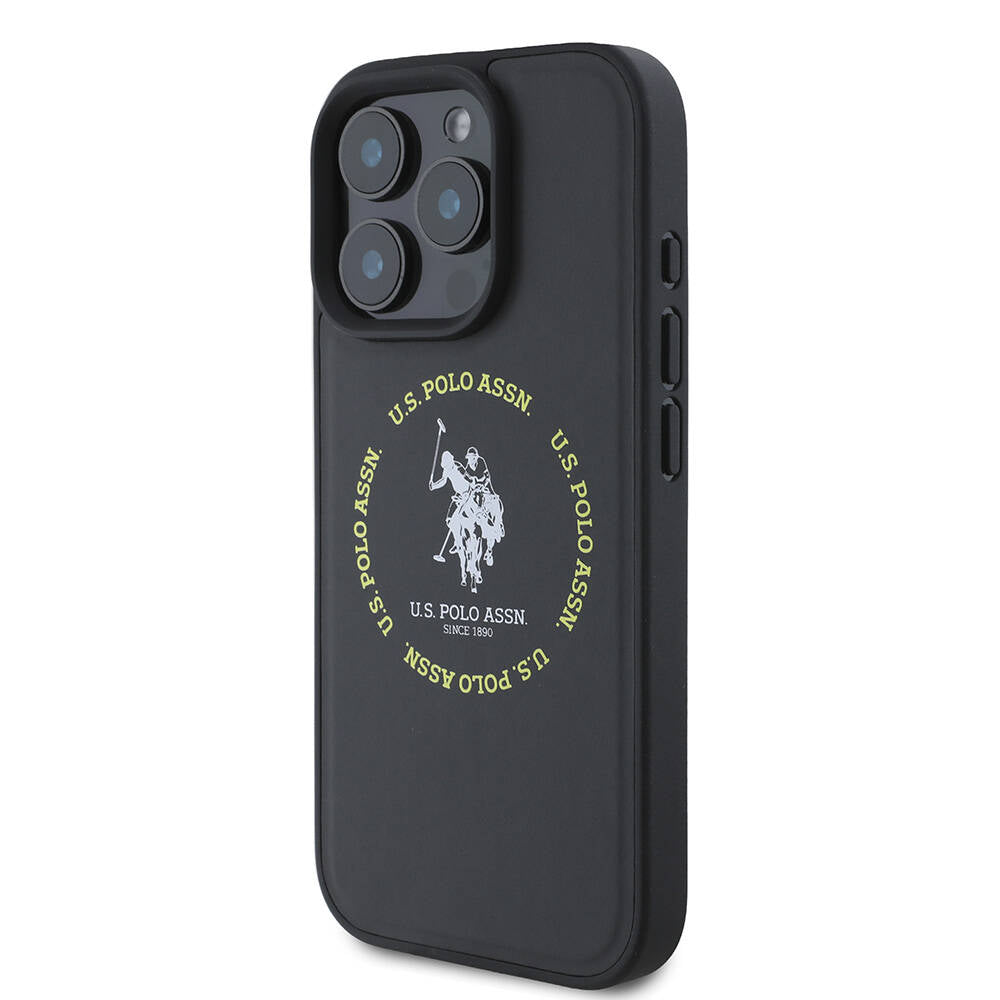 Apple iPhone 16 Pro Case US Polo Assn. Original Licensed M-Safe Charging Feature Circle and Double Horse Logo Leather Cover Black