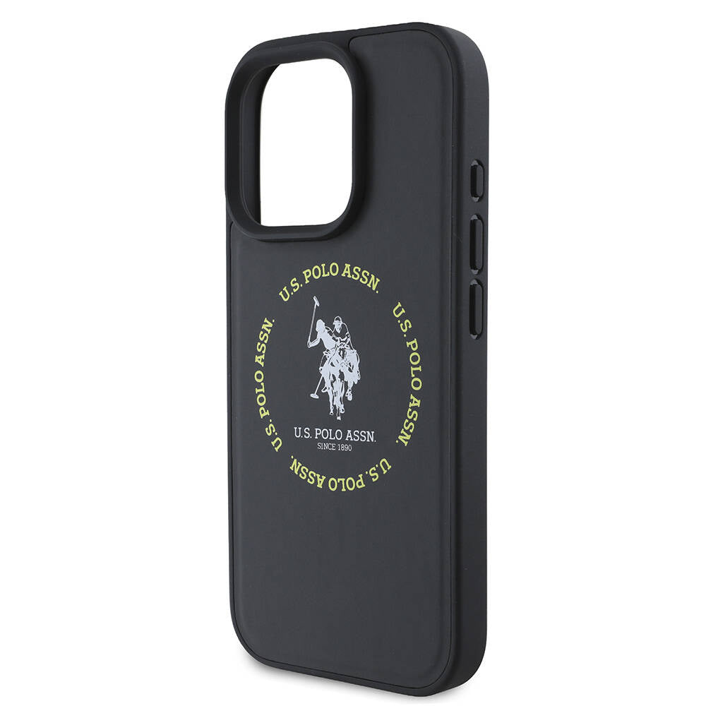 Apple iPhone 16 Pro Case US Polo Assn. Original Licensed M-Safe Charging Feature Circle and Double Horse Logo Leather Cover Black