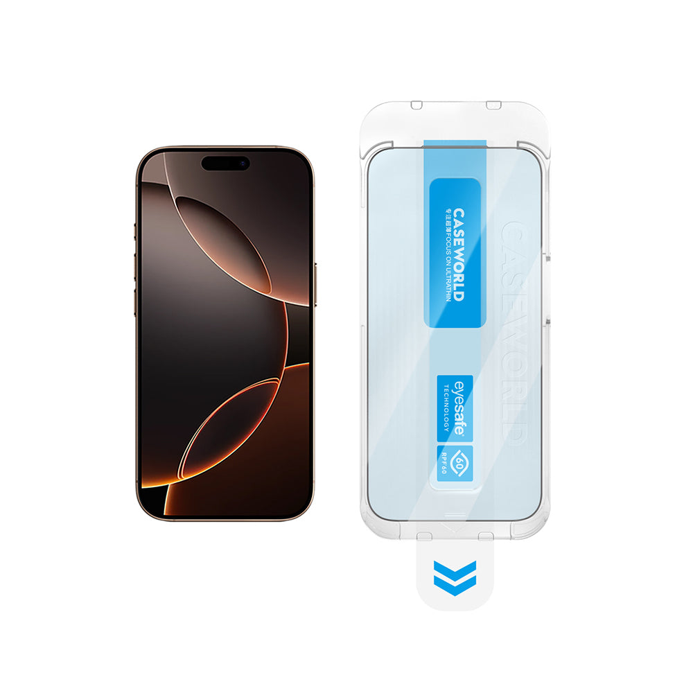 Apple iPhone 16 Pro Max CaseWorld Applicator Series 2.5D Eyesafe Blue Light Technology 0.33mm Tempered Glass Screen Protector + Application Tool Transparent