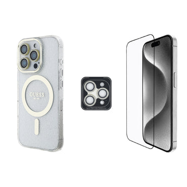 Apple iPhone 16 Pro Max Guess Orjinal Lisanslı 3'lü Aksesuar Seti IML Baskılı Simli Glitter Kılıf + Ekran Koruyucu + Lens Koruyucu Şeffaf