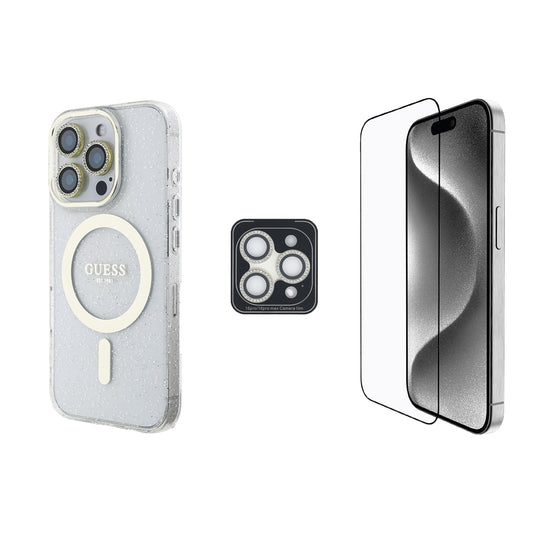 Apple iPhone 16 Pro Max Guess Orjinal Lisanslı 3'lü Aksesuar Seti IML Baskılı Simli Glitter Kılıf + Ekran Koruyucu + Lens Koruyucu