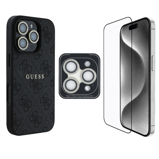 Apple iPhone 16 Pro Max Guess Original Licensed Case + Screen Protector + Lens Protector 3-in-1 Accessory Set Black